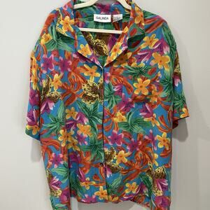 Vtg 80's Galinda Wang Floral Vacation Blouse and Skirt Set 100% Silk Size 3X